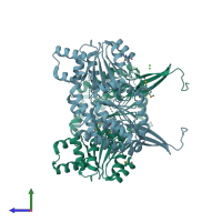 PDB entry 1vlu coloured by chain, side view.