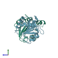 PDB entry 1vlz coloured by chain, side view.