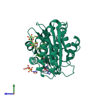 PDB entry 1vm1 coloured by chain, side view.