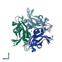 PDB entry 1vmf coloured by chain, side view.