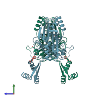 PDB entry 1vq0 coloured by chain, side view.