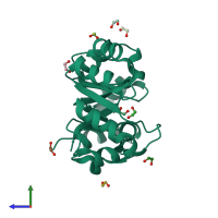 PDB entry 1vqt coloured by chain, side view.