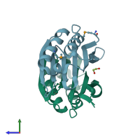PDB entry 1vr7 coloured by chain, side view.