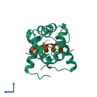 PDB entry 1vrk coloured by chain, side view.