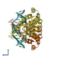 PDB entry 1vrr coloured by chain, side view.
