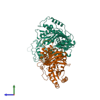 PDB entry 1vrt coloured by chain, side view.