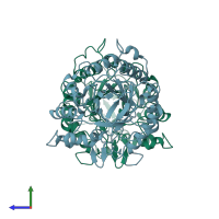 PDB entry 1vrx coloured by chain, side view.