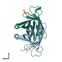 PDB entry 1vwa coloured by chain, side view.