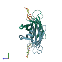 PDB entry 1vwk coloured by chain, side view.