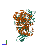 Hetero dimeric assembly 1 of PDB entry 1vyw coloured by chemically distinct molecules, side view.