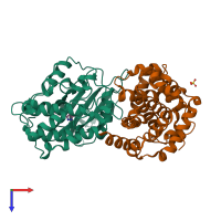 Hetero dimeric assembly 2 of PDB entry 1vyw coloured by chemically distinct molecules, top view.