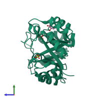 PDB entry 1vzw coloured by chain, side view.
