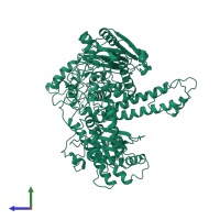 Monomeric assembly 1 of PDB entry 1waf coloured by chemically distinct molecules, side view.