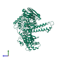 Monomeric assembly 2 of PDB entry 1waf coloured by chemically distinct molecules, side view.