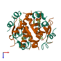 Hetero dodecameric assembly 7 of PDB entry 1wav coloured by chemically distinct molecules, top view.