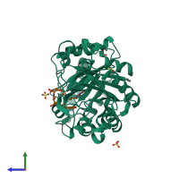 PDB entry 1wb0 coloured by chain, side view.