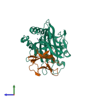 PDB entry 1wby coloured by chain, side view.