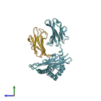 PDB entry 1wbz coloured by chain, side view.