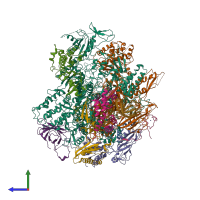 PDB entry 1wcm coloured by chain, side view.