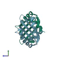 PDB entry 1wd6 coloured by chain, side view.