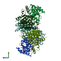 PDB entry 1wek coloured by chain, side view.