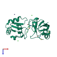 PDB entry 1wfx coloured by chain, top view.