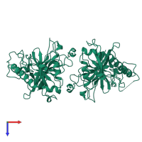 Homo dimeric assembly 1 of PDB entry 1wgi coloured by chemically distinct molecules, top view.