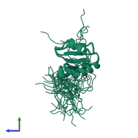 PDB entry 1whv coloured by chain, ensemble of 20 models, side view.