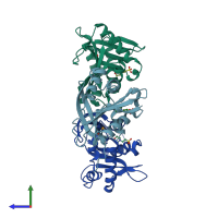 PDB entry 1wk4 coloured by chain, side view.