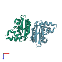 PDB entry 1wkj coloured by chain, top view.