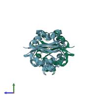 PDB entry 1wkk coloured by chain, side view.