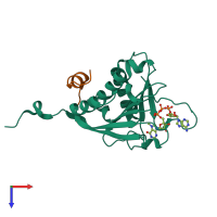 PDB entry 1wkw coloured by chain, top view.