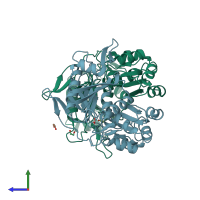 PDB entry 1wnf coloured by chain, side view.