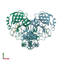 PDB entry 1wof coloured by chain, front view.