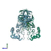 PDB entry 1wof coloured by chain, side view.