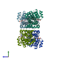 PDB entry 1wp4 coloured by chain, side view.