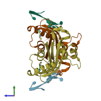 PDB entry 1wpu coloured by chain, side view.