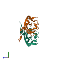 PDB entry 1wq9 coloured by chain, side view.