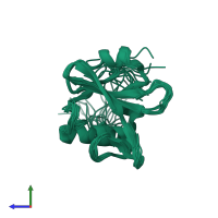 PDB entry 1wqu coloured by chain, ensemble of 20 models, side view.