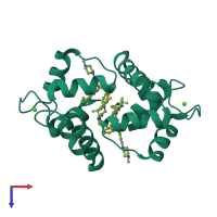 Homo dimeric assembly 1 of PDB entry 1wrk coloured by chemically distinct molecules, top view.