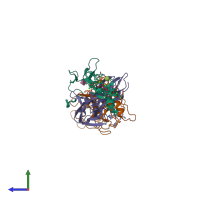 Hetero trimeric assembly 1 of PDB entry 1wss coloured by chemically distinct molecules, side view.