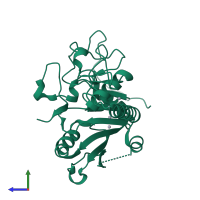 PDB entry 1wsz coloured by chain, side view.