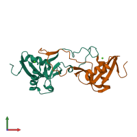 PDB entry 1wt9 coloured by chain, front view.