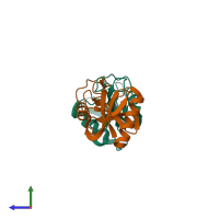 PDB entry 1wt9 coloured by chain, side view.