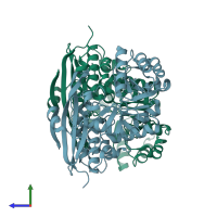 PDB entry 1wue coloured by chain, side view.