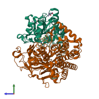 PDB entry 1wui coloured by chain, side view.