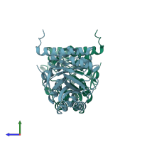 PDB entry 1wv2 coloured by chain, side view.