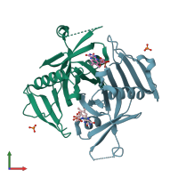 PDB entry 1wv4 coloured by chain, front view.
