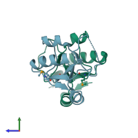 PDB entry 1wv9 coloured by chain, side view.