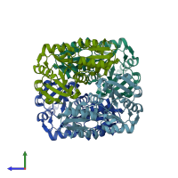PDB entry 1wvi coloured by chain, side view.